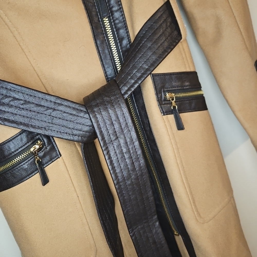 Y2K Vintage Via Spiga Camel Wool Leather Coat Faux Fur Collar Belted Women’s S12 - Picture 8 of 13